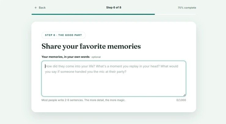 Questionnaire fields where you describe memories about the recipient 